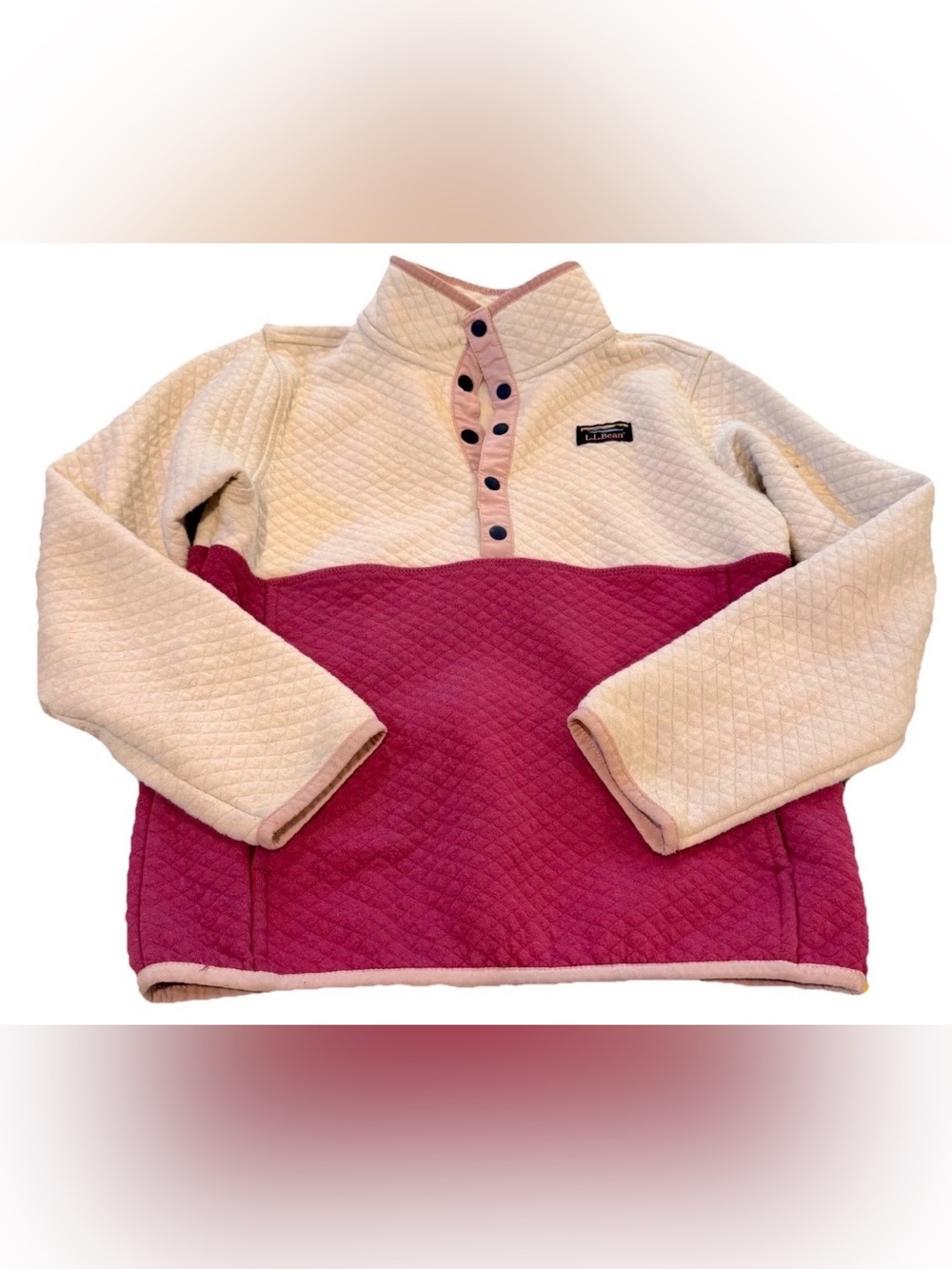LL Bean Quilted Snap 1/4 Pullover Sweatshirt Ivory Pink Small 8 Girls